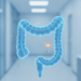 Ilustración del colon y el recto con un indicador de alerta, sobre sangrado digestivo bajo